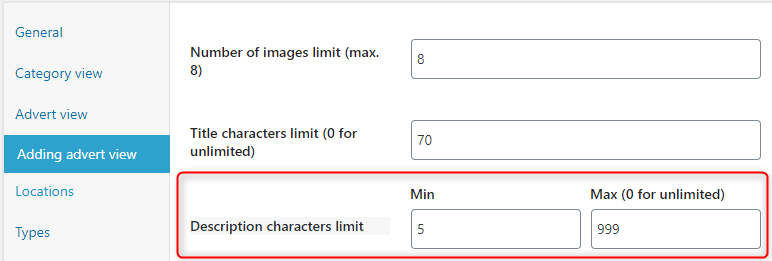 You can set minimum and maximum characters limit for a description in the 'Add advert' view. 