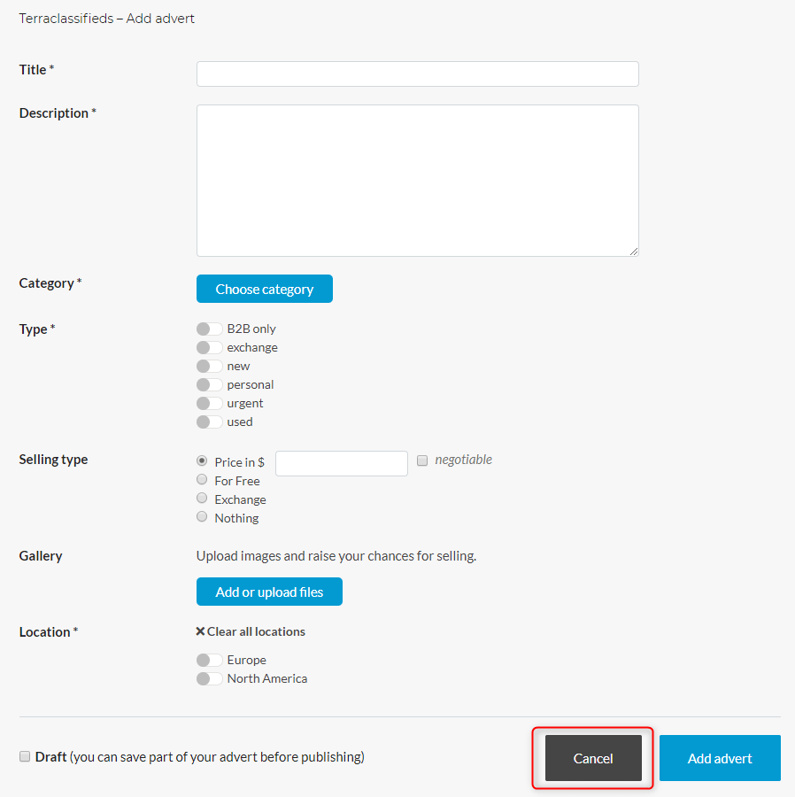 Button 'Cancel' for add advert form and edit advert form WordPress claassifieds plugin