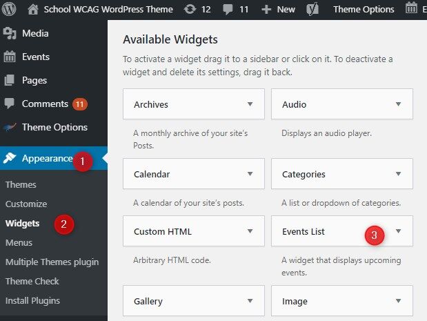 “Events list”- a widget that displays upcoming events wordpress