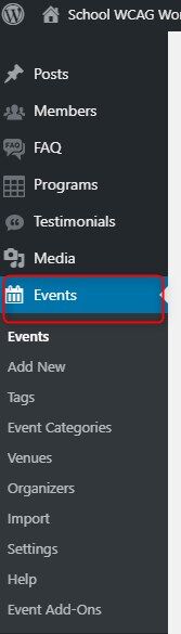 Open your WordPress dashboard, and navigate to “Events.” wordpress