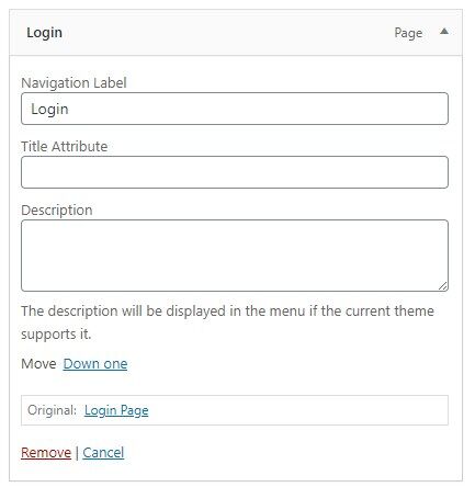 settings for the “Login link” item wordpress