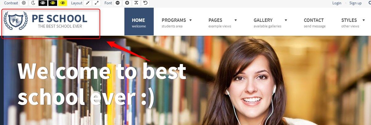 The School WordPress theme uses a logo on the front page